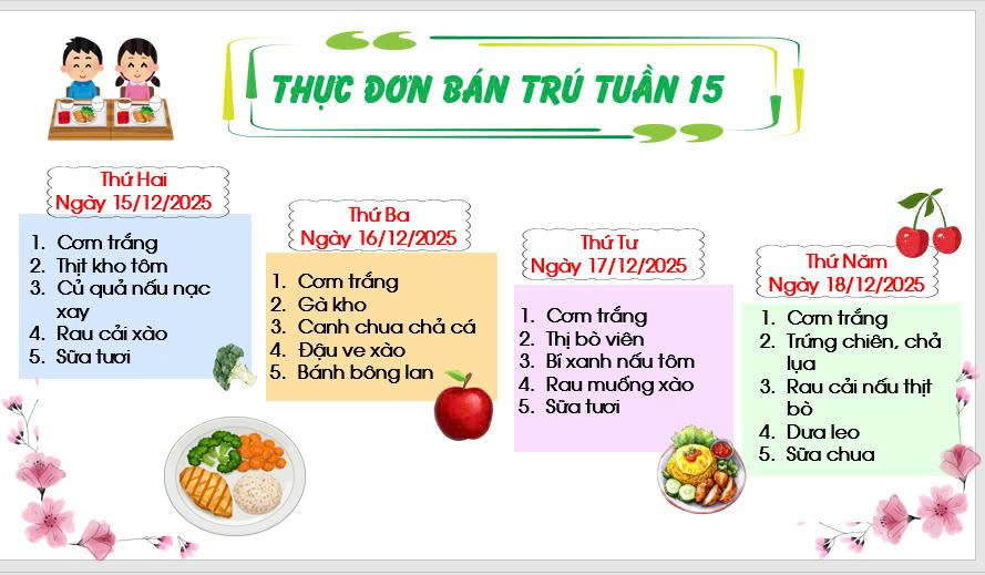thực đơn bán trú Tuần 15 - Tháng 12